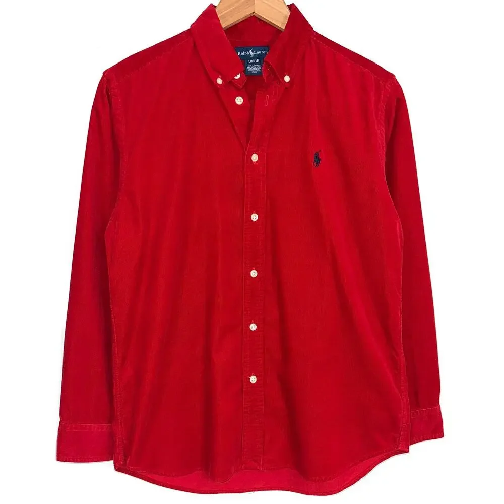 Ralph Lauren Boys Red Corduroy Long Sleeve Button Up Shirt Size L 16/18